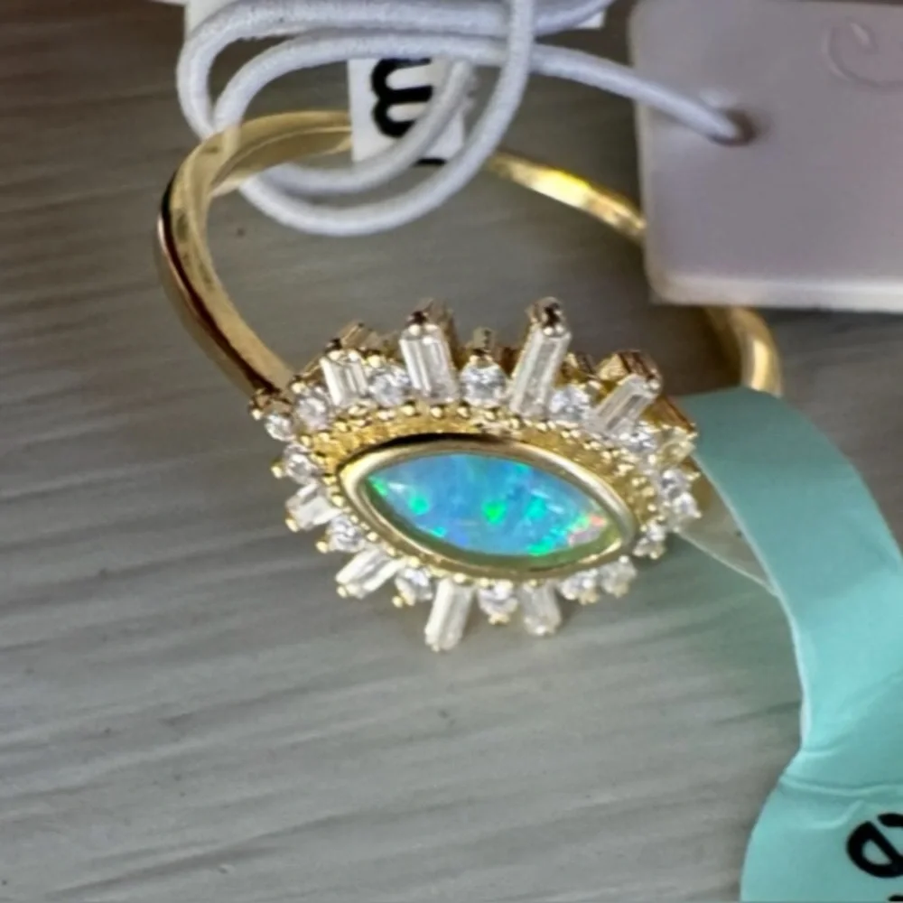 NWT Vintage Genuine Opal Solid Sterling Silver Gold Over Evil Eye Ring Size 7